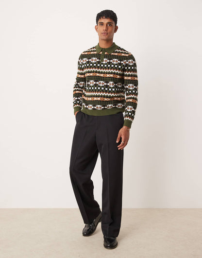 Relaxed Boxy Fit Knitted Polo Jumper With Aztec Pattern