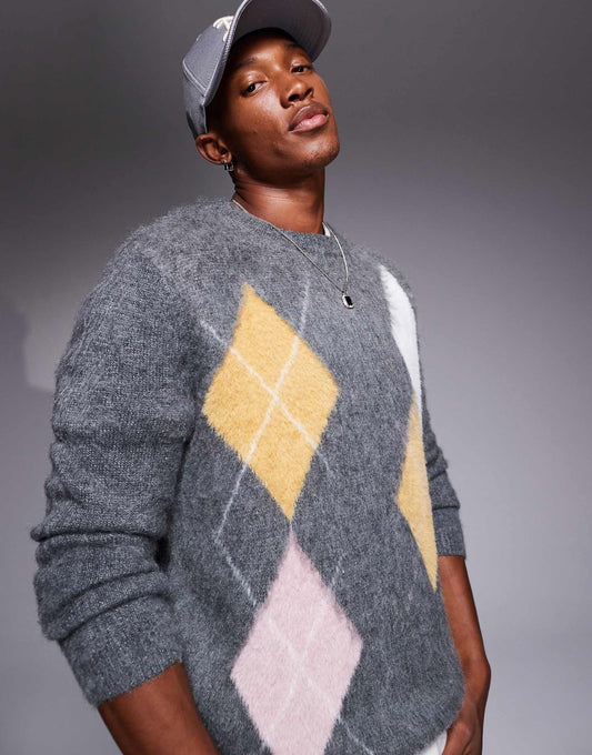 Knitted Crew Neck Jumper With Argyle Pattern