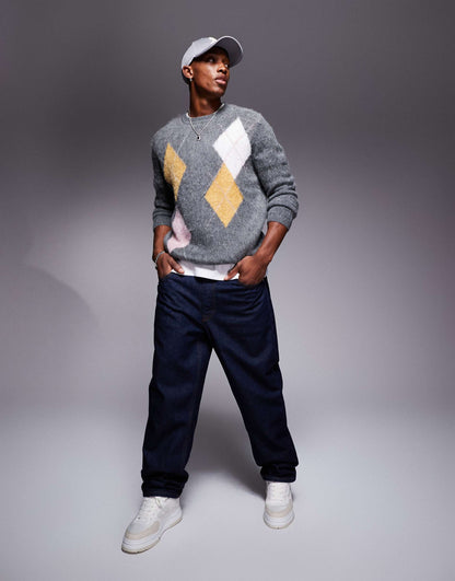Knitted Crew Neck Jumper With Argyle Pattern