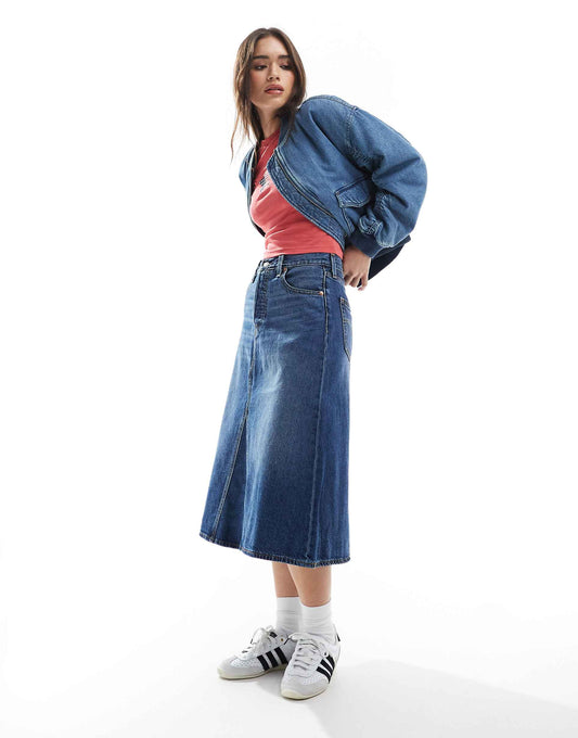High Rise A-Line Deconstructed Long Denim Skirt