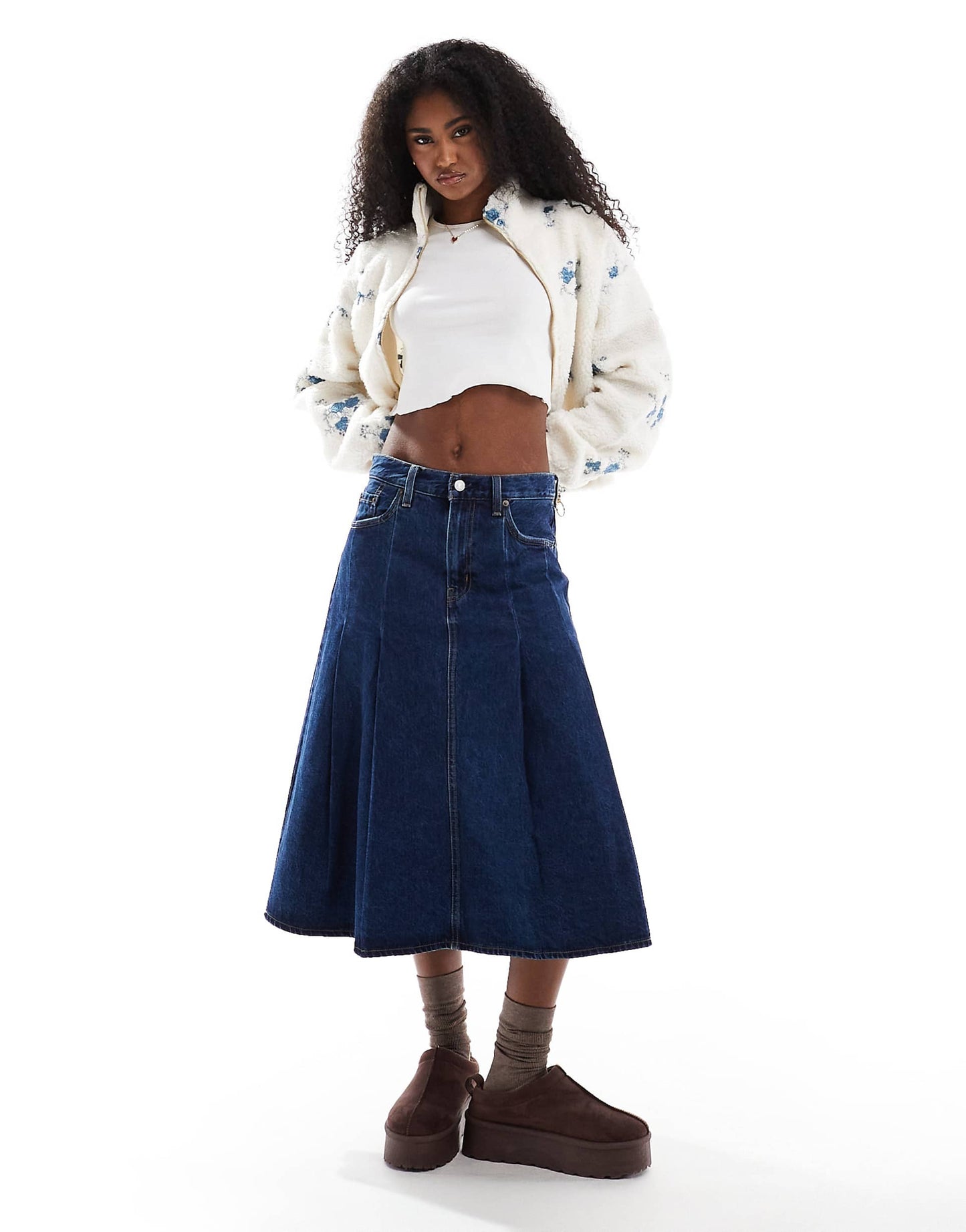 Pleated Denim Midi Skirt