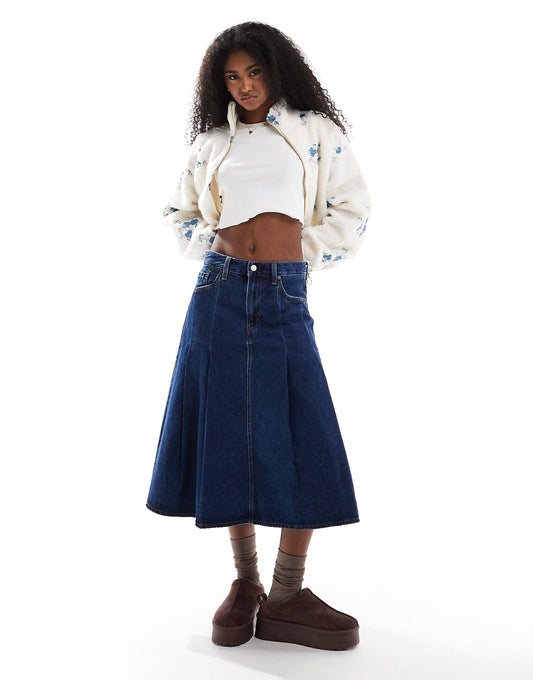 Pleated Denim Midi Skirt