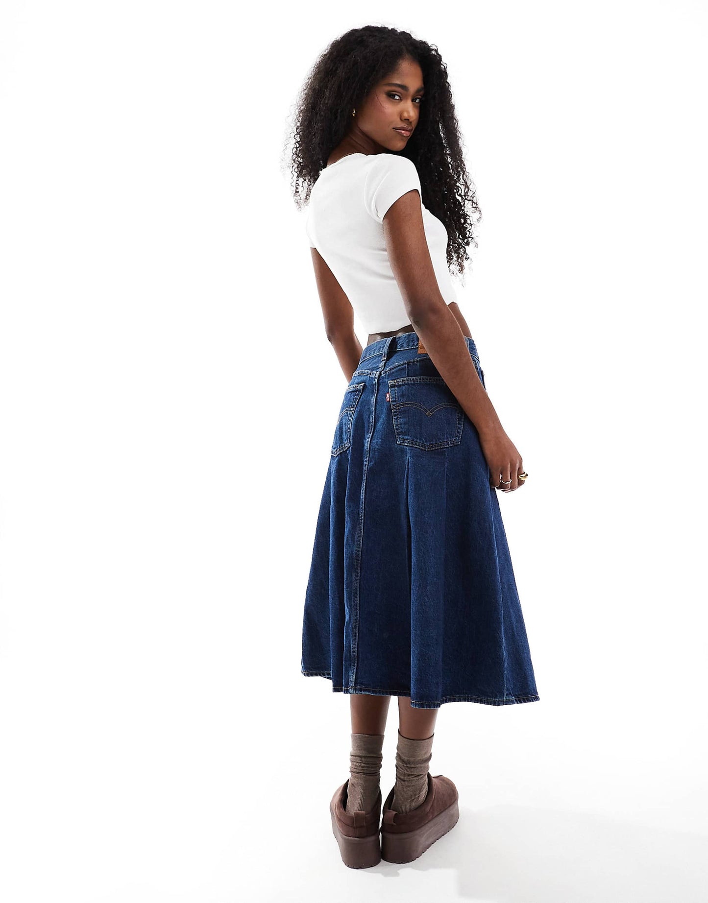 Pleated Denim Midi Skirt