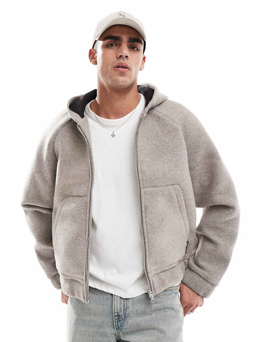 Hooded Faux Wool Bomber Jacket