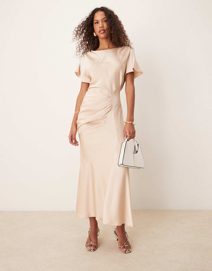 Ruched Side Satin Midi Dress With Flutter Sleeve