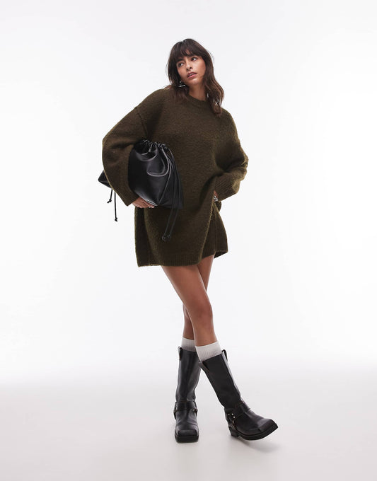 Knitted Oversized Crew Mini Dress With Exposed Seam Detail