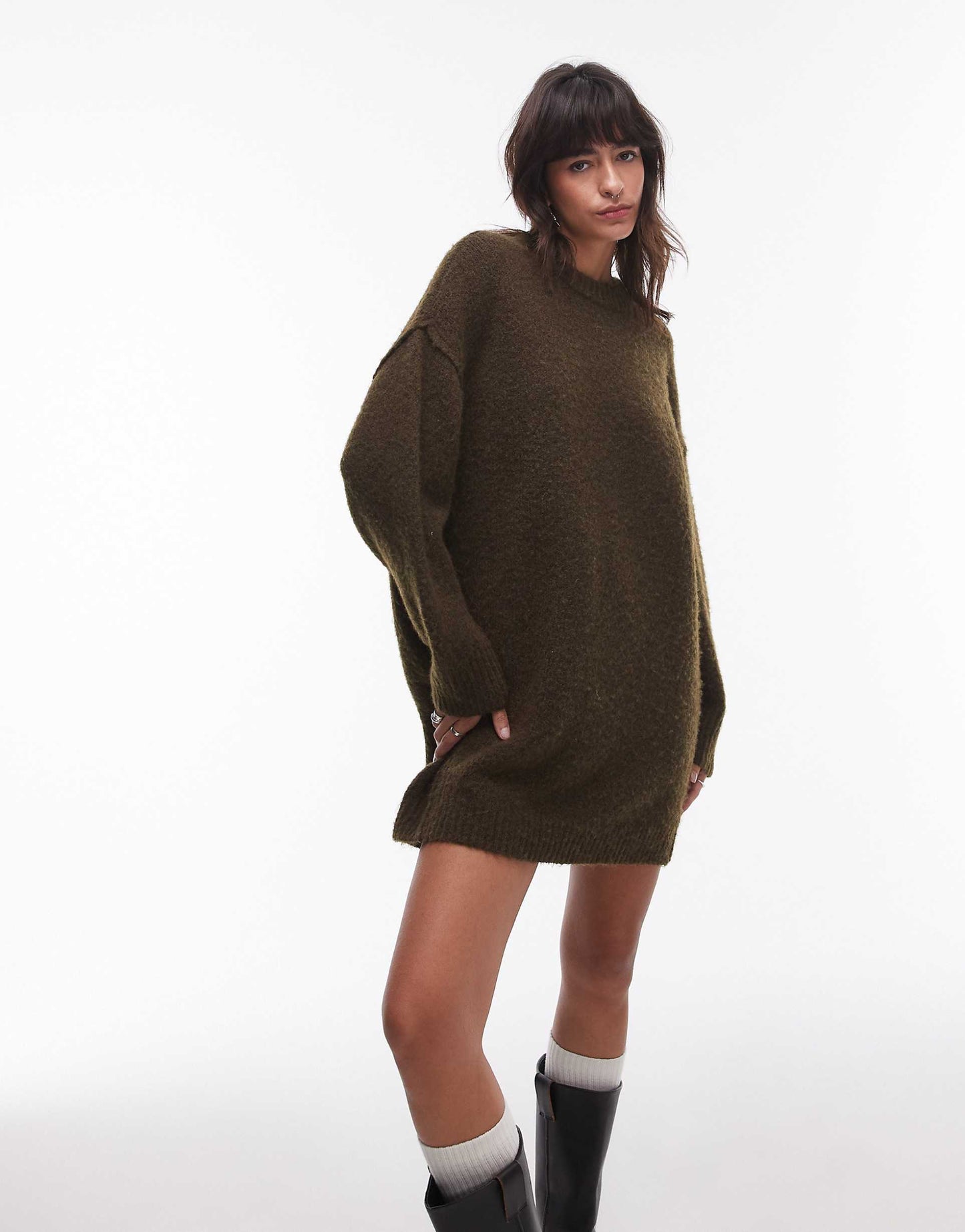 Knitted Oversized Crew Mini Dress With Exposed Seam Detail