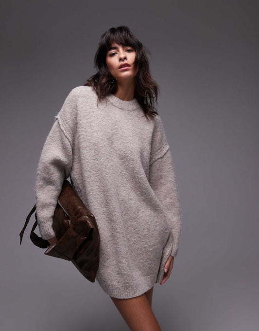 Knitted Oversized Crew Mini Dress With Exposed Seam Detail