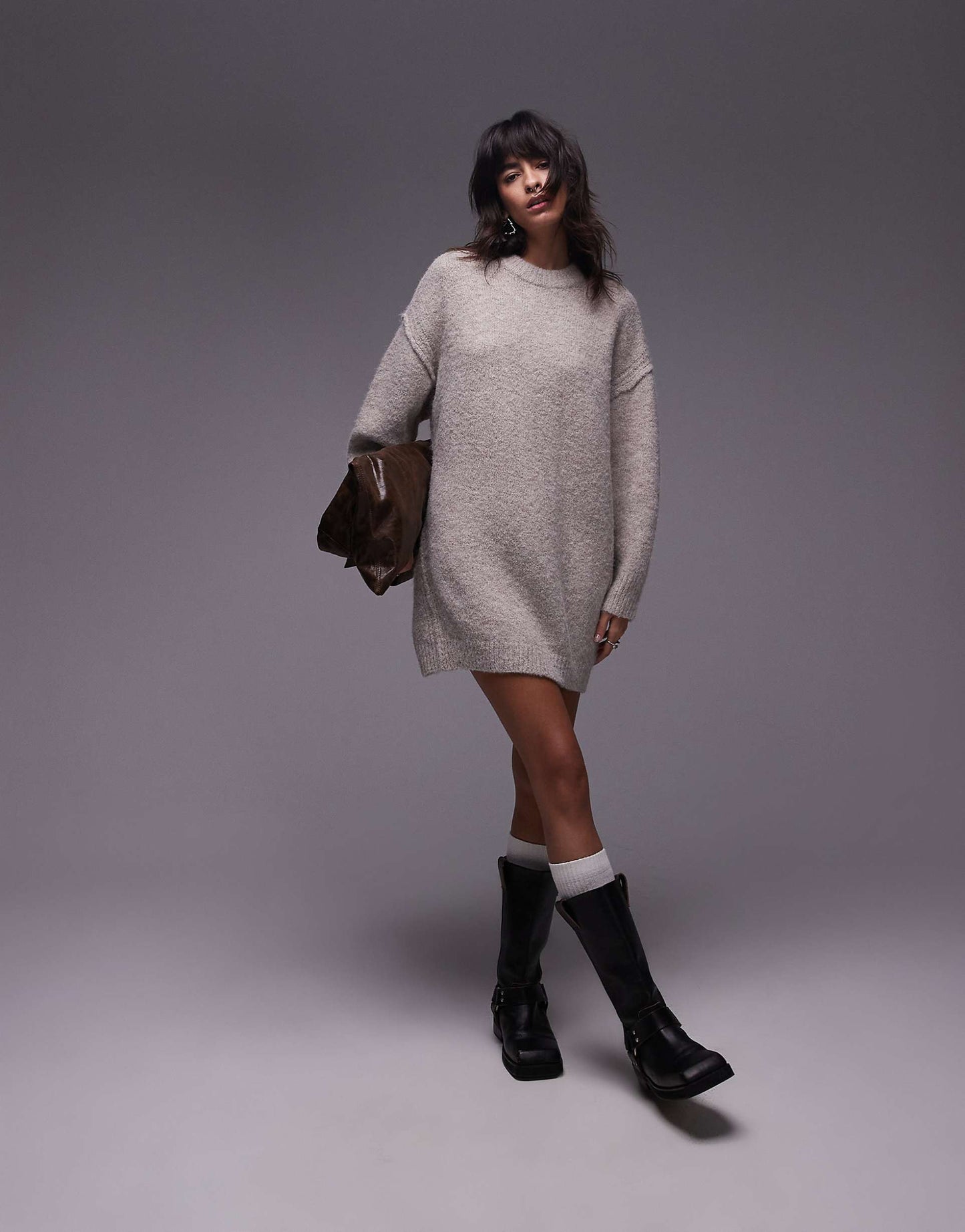 Knitted Oversized Crew Mini Dress With Exposed Seam Detail