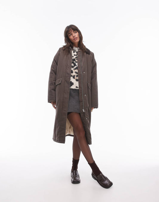 Longline Cotton Padded Jacket With Cord Collar