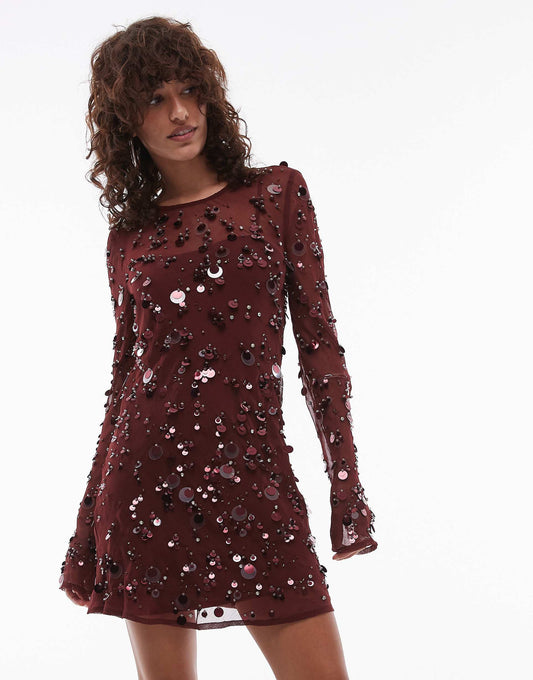 Embellished Long Sleeve Mini Dress