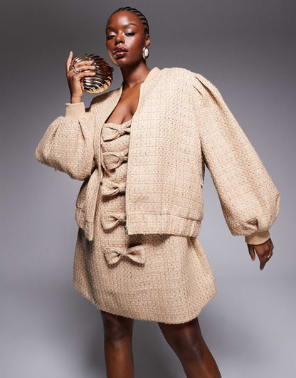 Curve Embellished Boucle Bomber Jacket