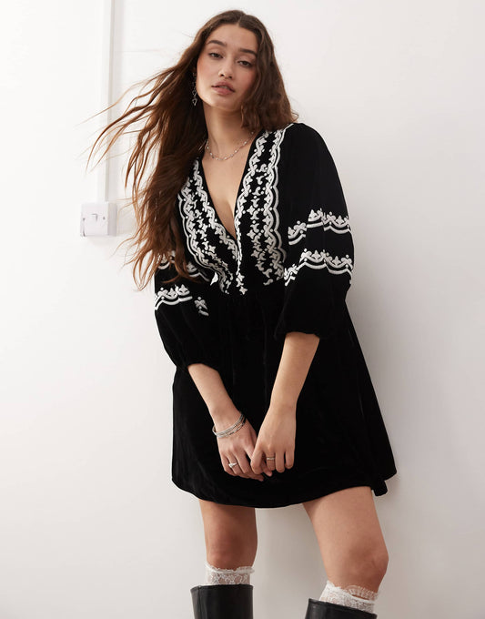 Embroidered Velvet Mini Dress