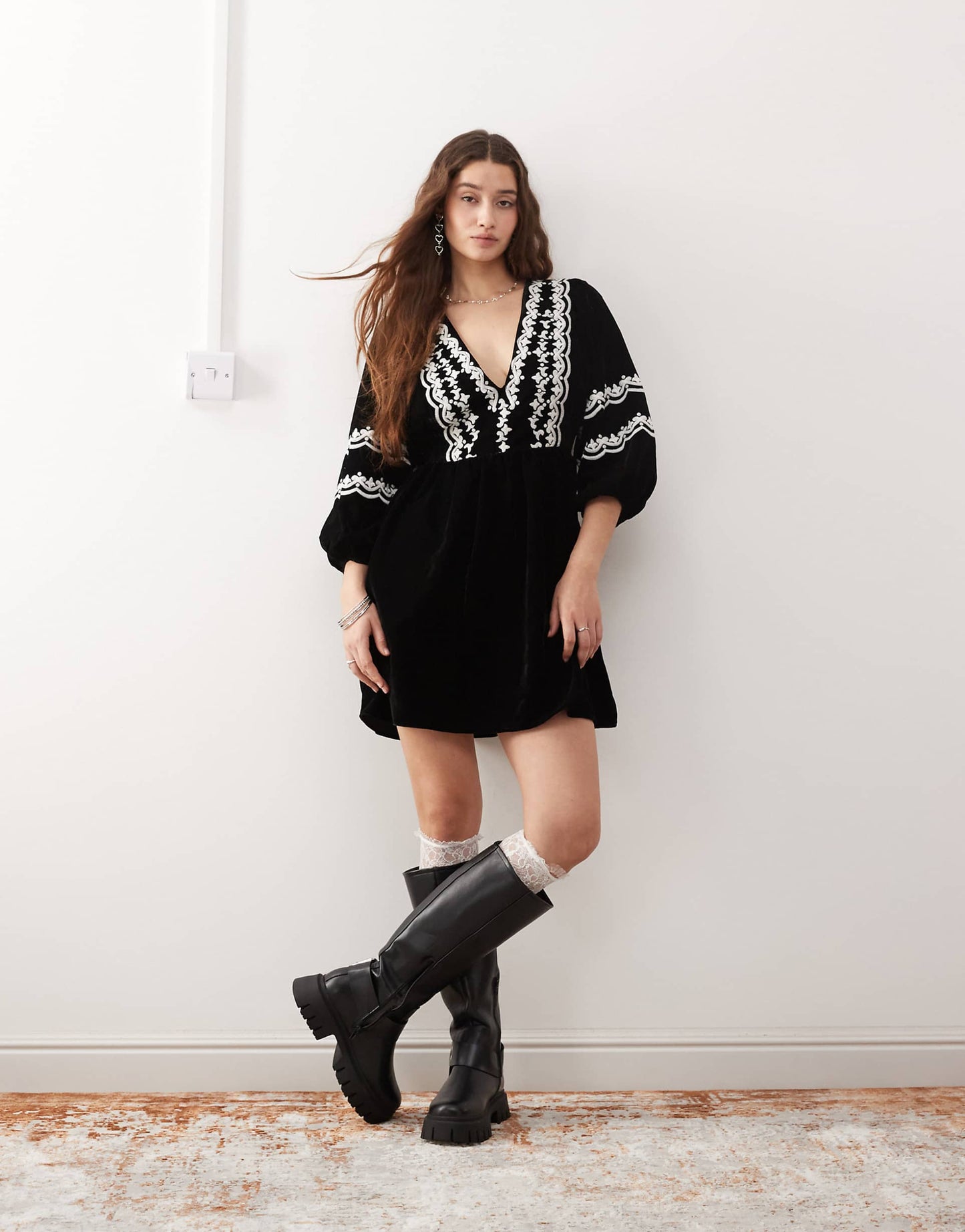 Embroidered Velvet Mini Dress