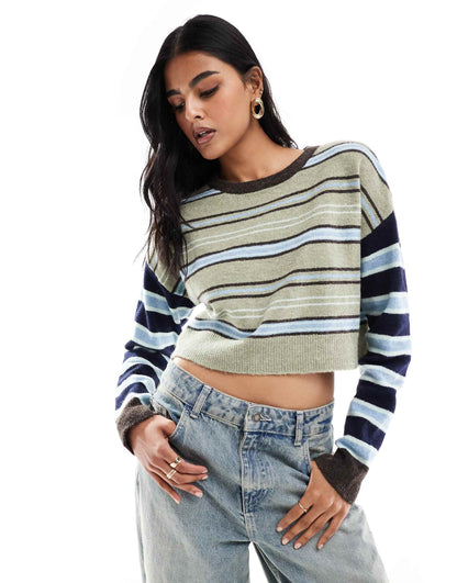 Iris Round Neck Striped Cropped Jumper