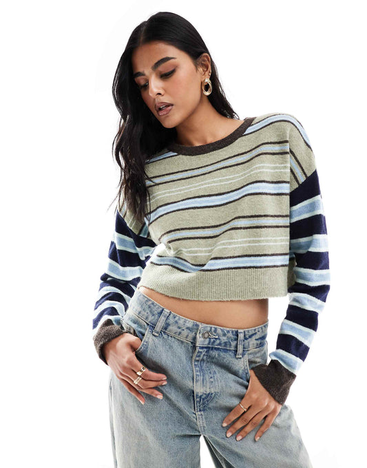 Iris Round Neck Striped Cropped Jumper