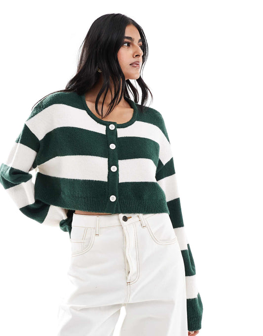 Olive Boxy Cropped Striped Cardigan