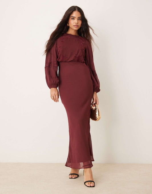 Long Sleeve Embroidered Pintuck Detail Maxi Dress