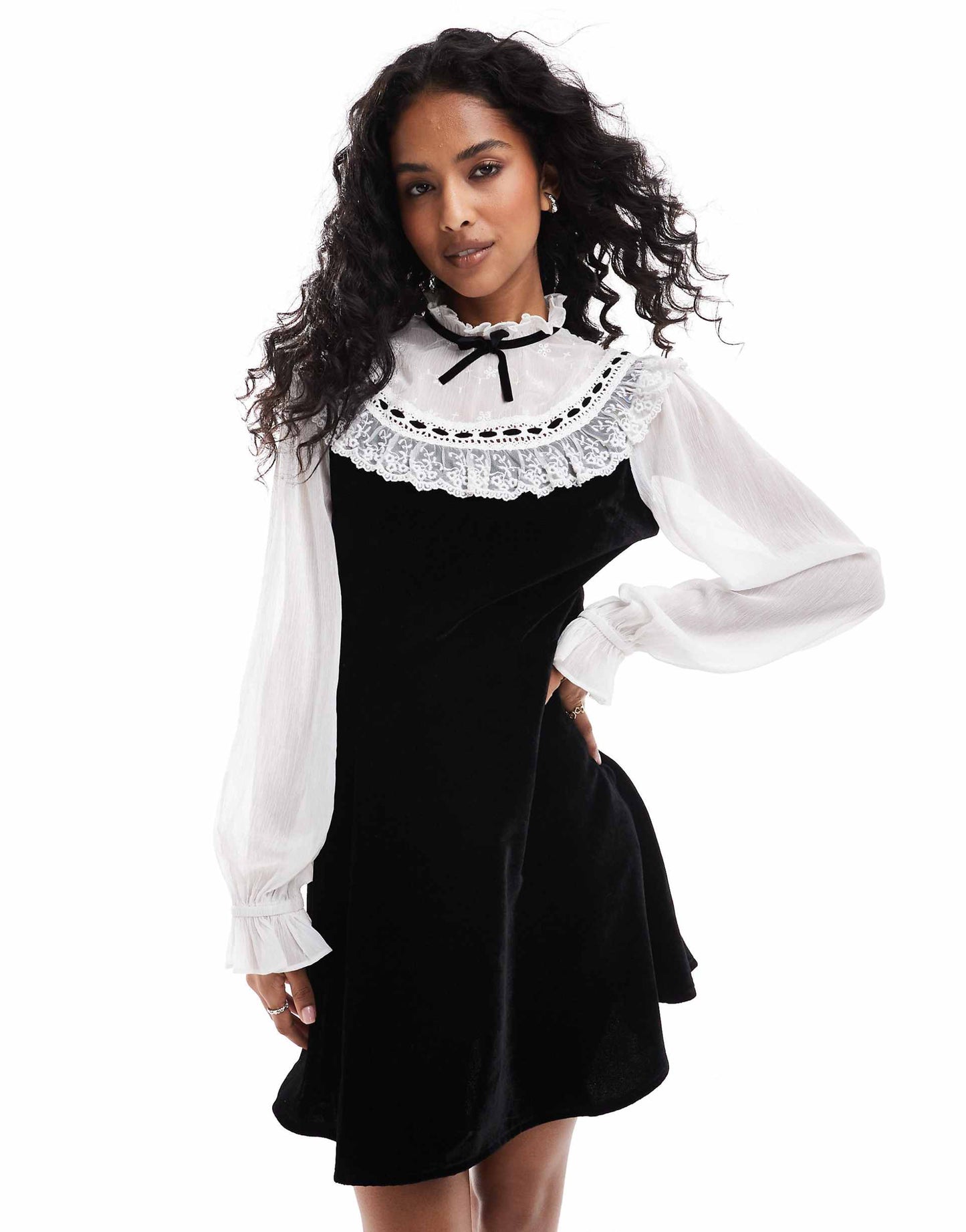 Embroidered Chiffon And Velvet Mini Dress