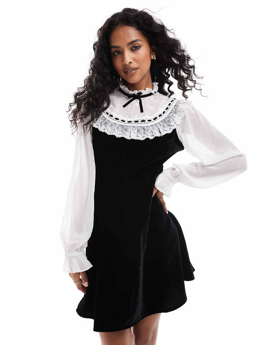 Embroidered Chiffon And Velvet Mini Dress