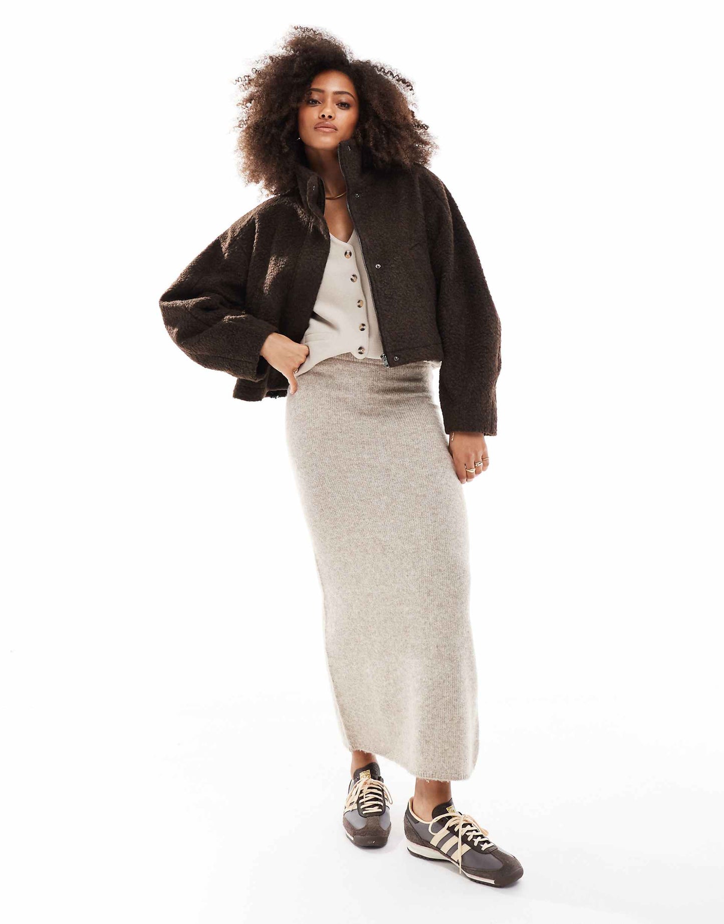 Funnel Neck Boucle Bomber Jacket