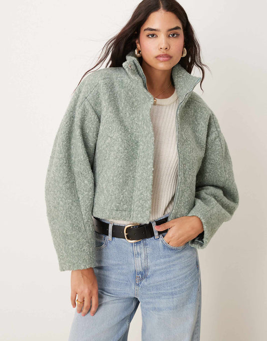 Funnel Neck Boucle Bomber Jacket