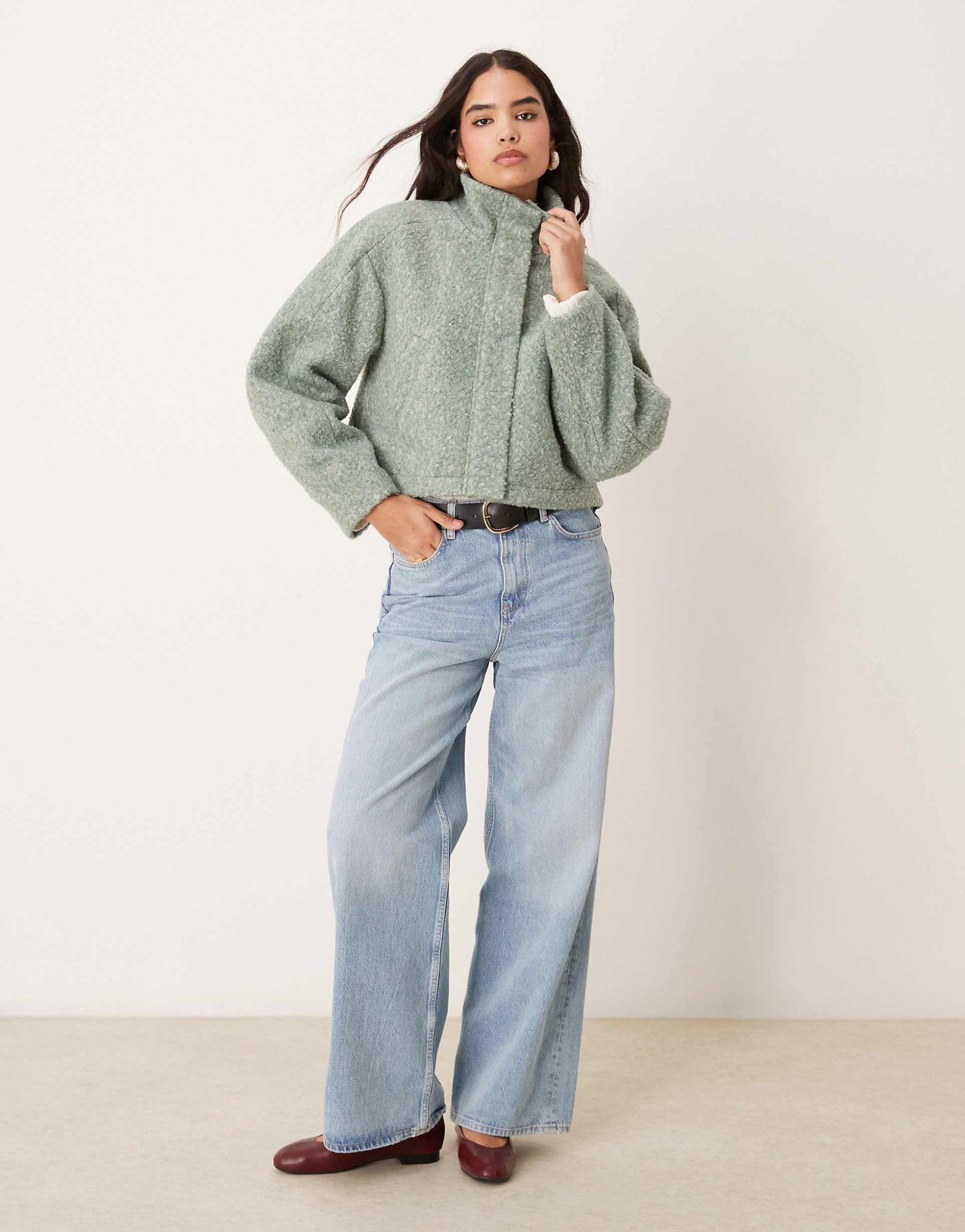Funnel Neck Boucle Bomber Jacket