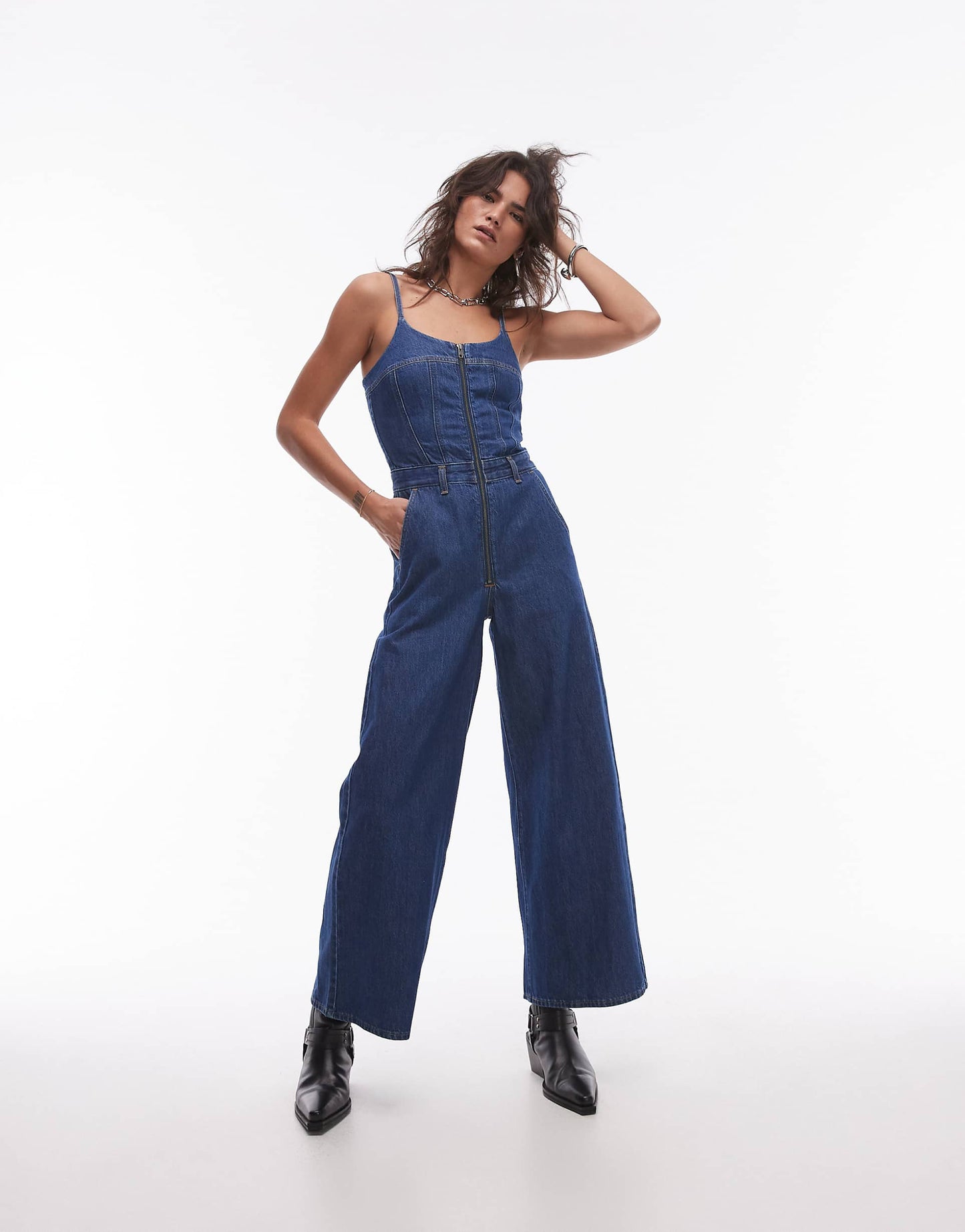 Wide Leg Bustier Denim Jumpsuit