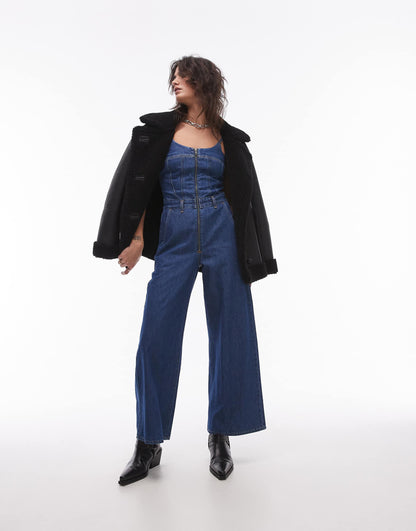 Wide Leg Bustier Denim Jumpsuit