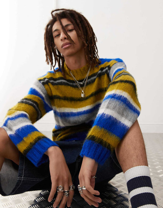 Brushed Oversized Fluffy Striped Crew Neck Jumper
