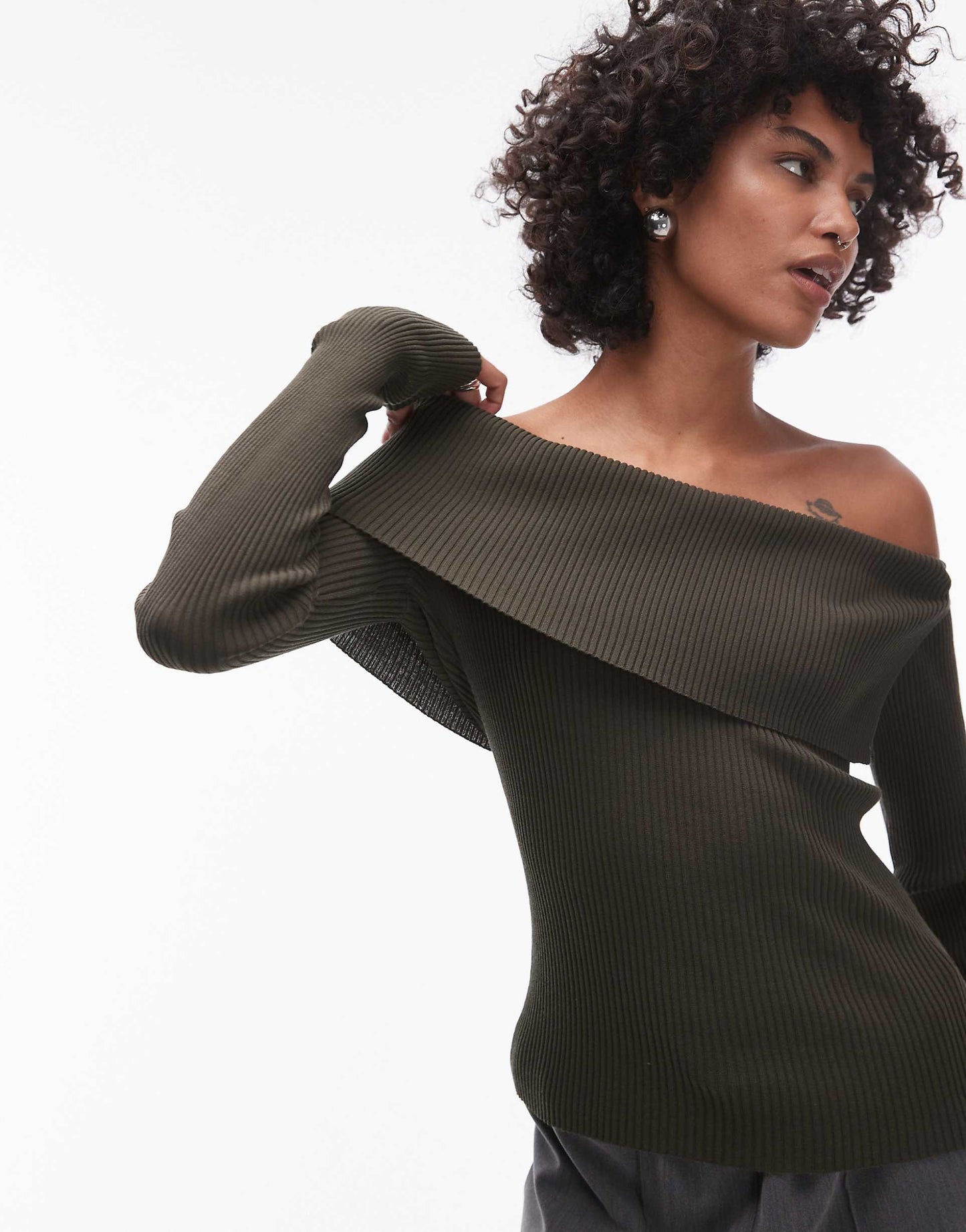 Knitted Long Sleeve Top With Deep Fold Over Off Shoulder Detail