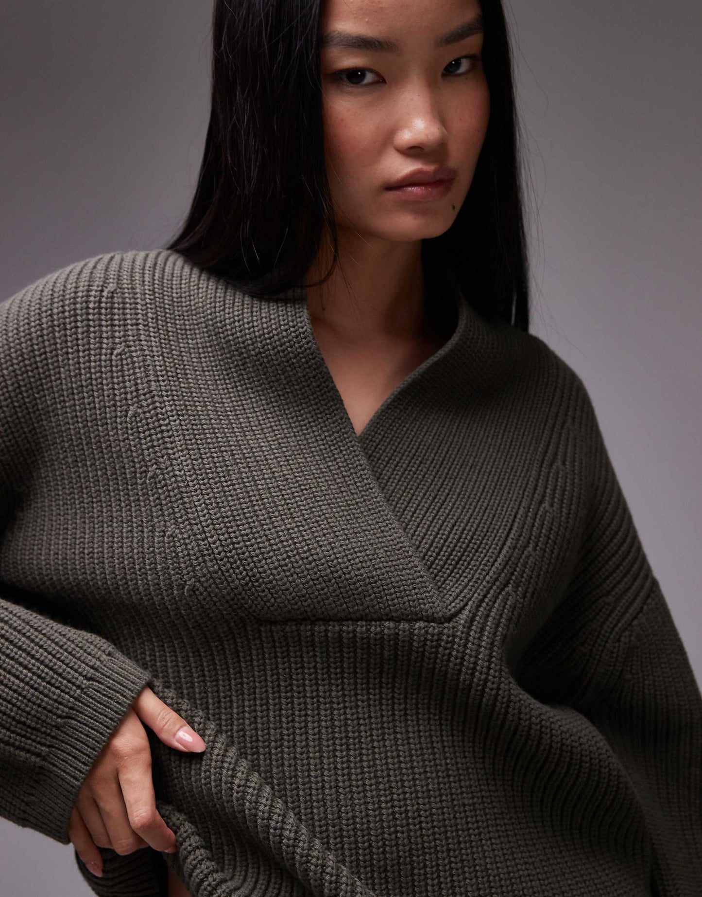 Wool Blend Rib Oversized Sweater With Shawl Collar