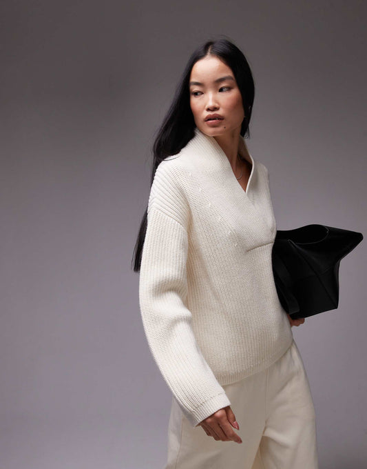 Wool Blend Rib Oversized Sweater With Shawl Collar