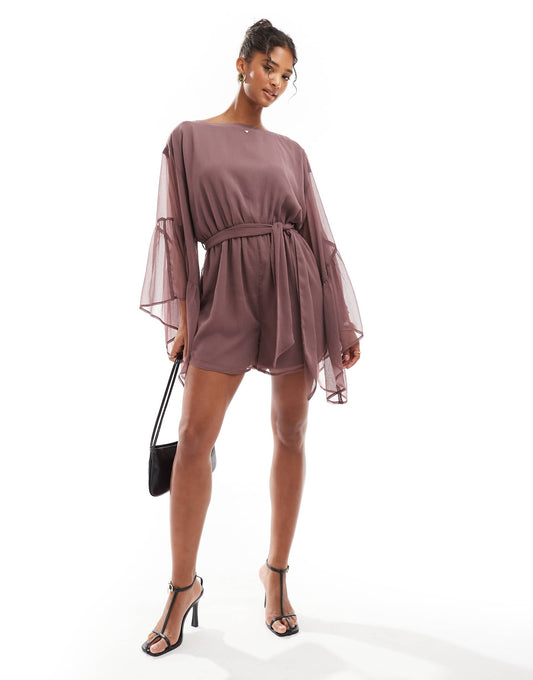 Volume Ruffle Sleeve Playsuit With Tie Waist