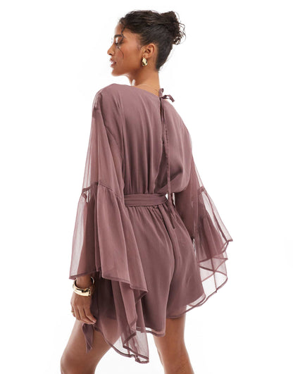 Volume Ruffle Sleeve Playsuit With Tie Waist