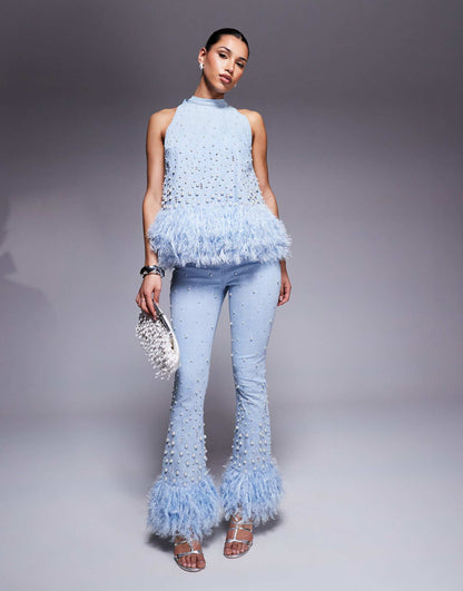 Denim Pearl Bow Back Top With Embellished Pearl Jean With Faux Feather Hem