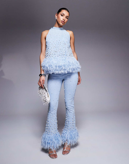 Denim Pearl Bow Back Top With Embellished Pearl Jean With Faux Feather Hem