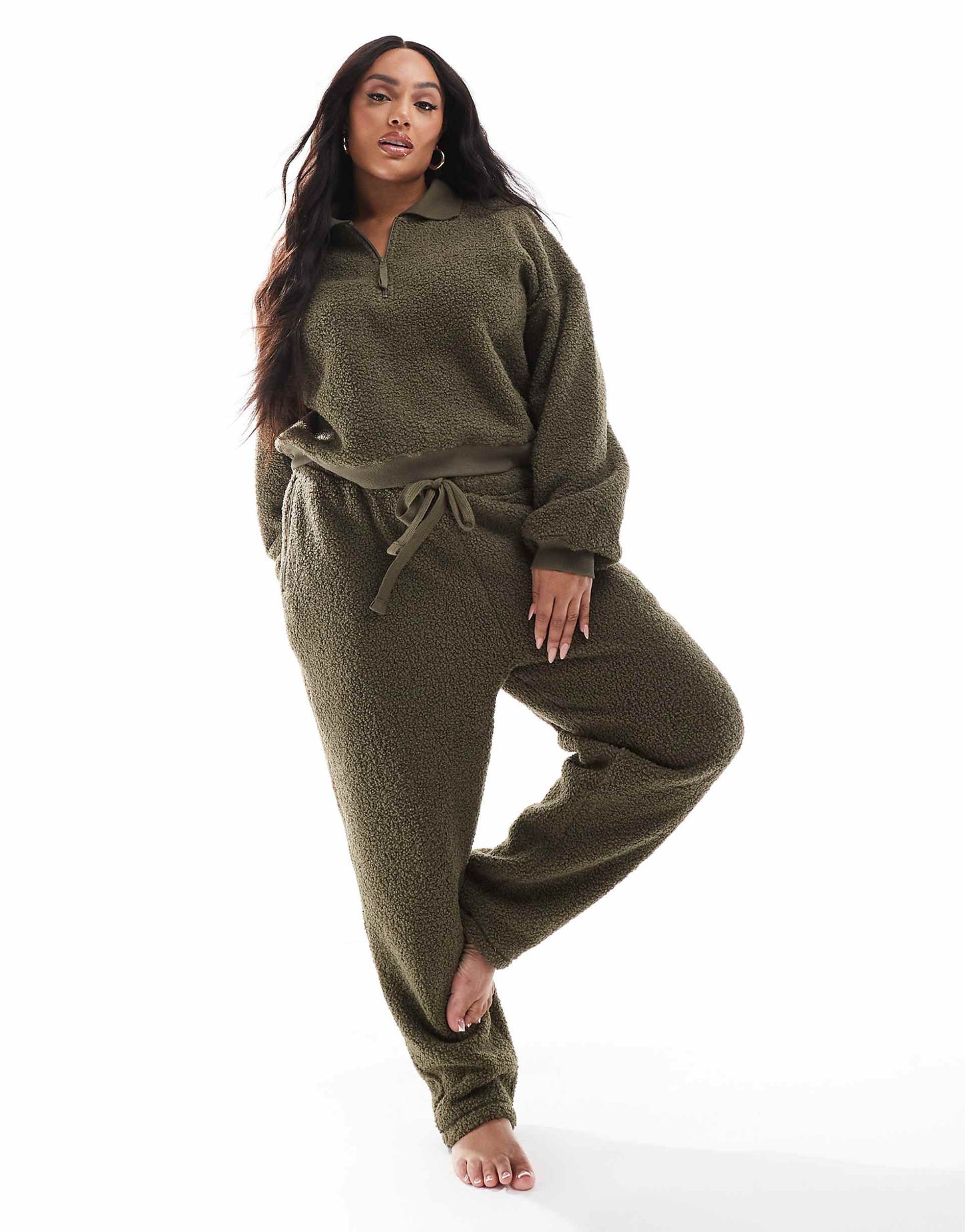 Curve Lounge Borg Zip Collar Sweat & Tapered Trouser Set