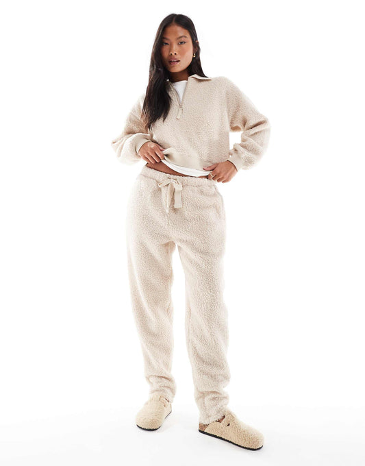 Petite Lounge Borg Zip Collar Sweat & Tapered Trouser Set