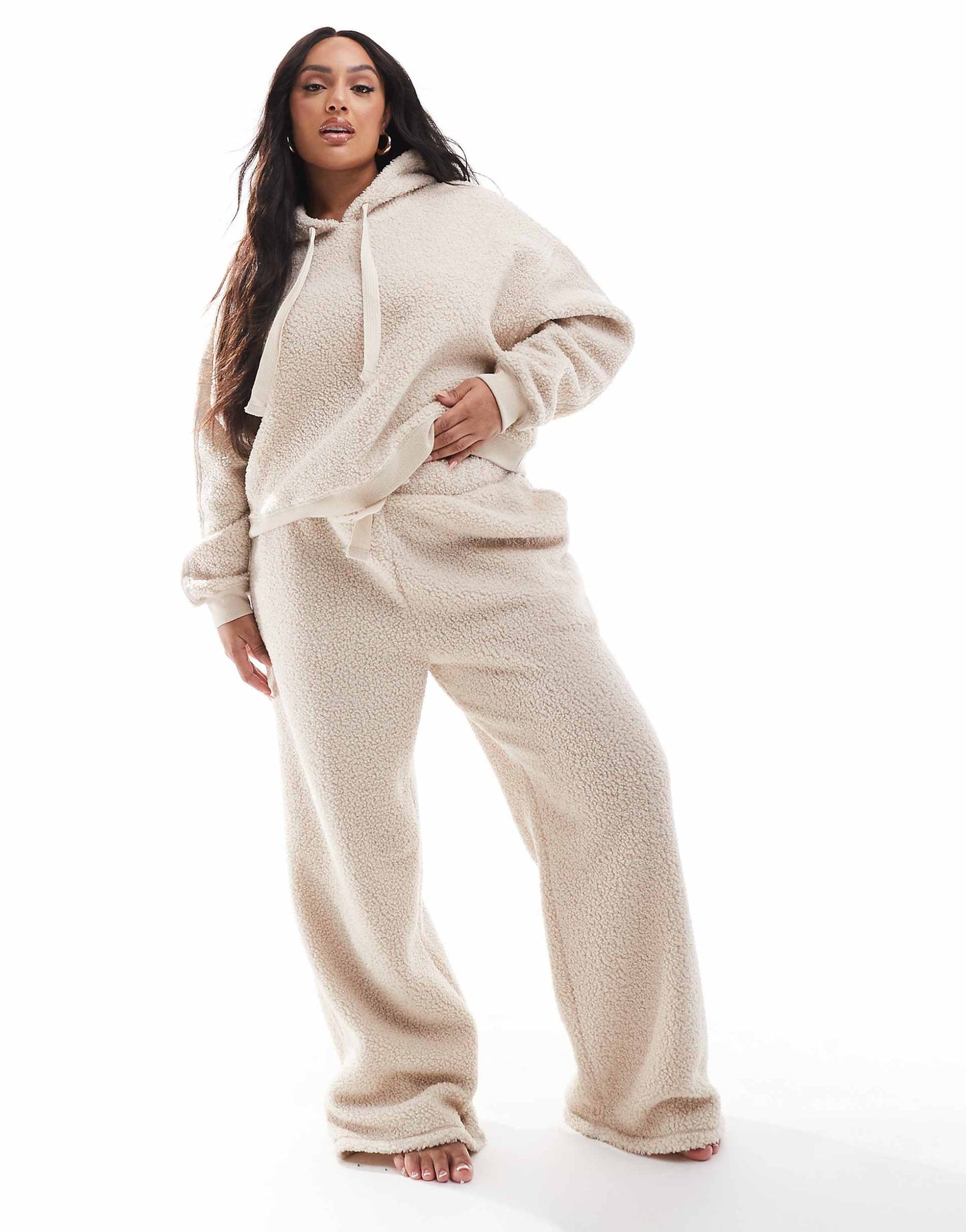 Curve Lounge Borg Cropped Hoodie & Wide Leg Set