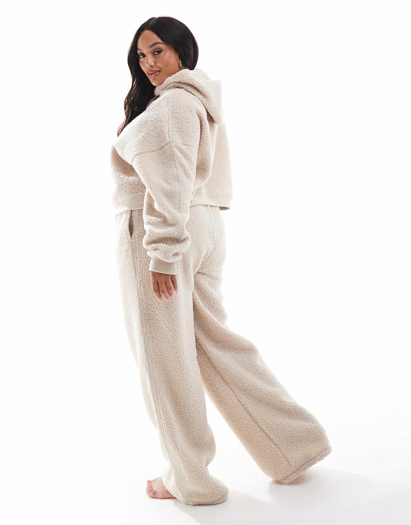 Curve Lounge Borg Cropped Hoodie & Wide Leg Set