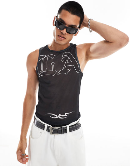 Textured Mesh Vest With Print
