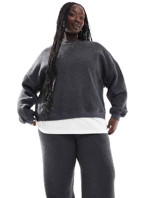 Curve Lounge Borg Sweat & Wide Leg Trouser Set