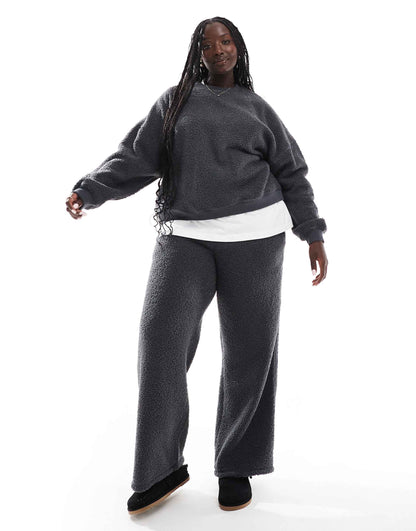 Curve Lounge Borg Sweat & Wide Leg Trouser Set