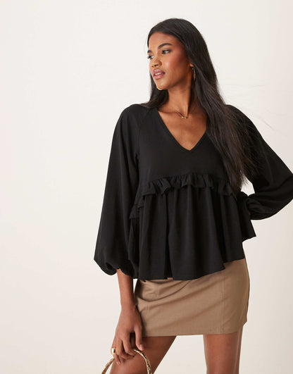 V Neck Smock Top With Ruffle