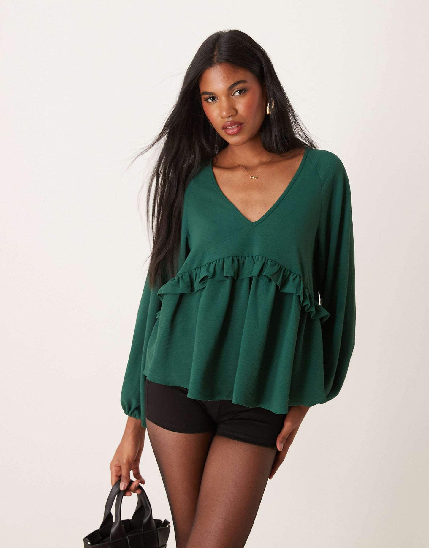 V Neck Smock Top With Ruffle