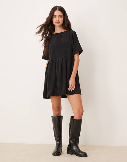 Cord Smock Tee Mini Dress With Waist Seam Detail