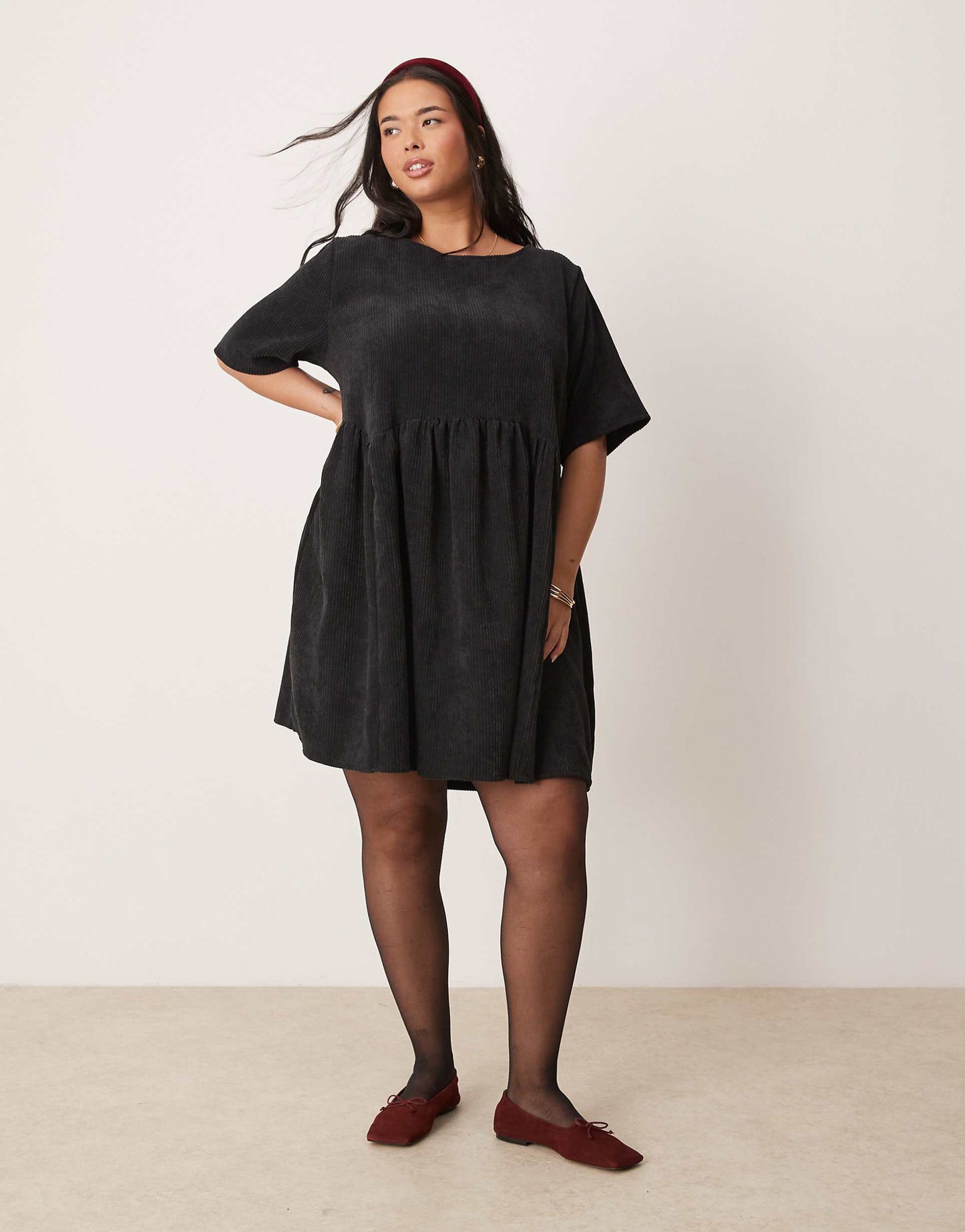 Curve Cord Smock Tee Mini Dress With Waist Seam Detail