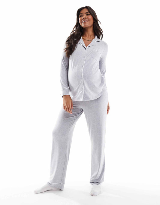 Maternity Super Soft Long Sleeve Shirt & Trouser Pyjama Set With Contrast Piping