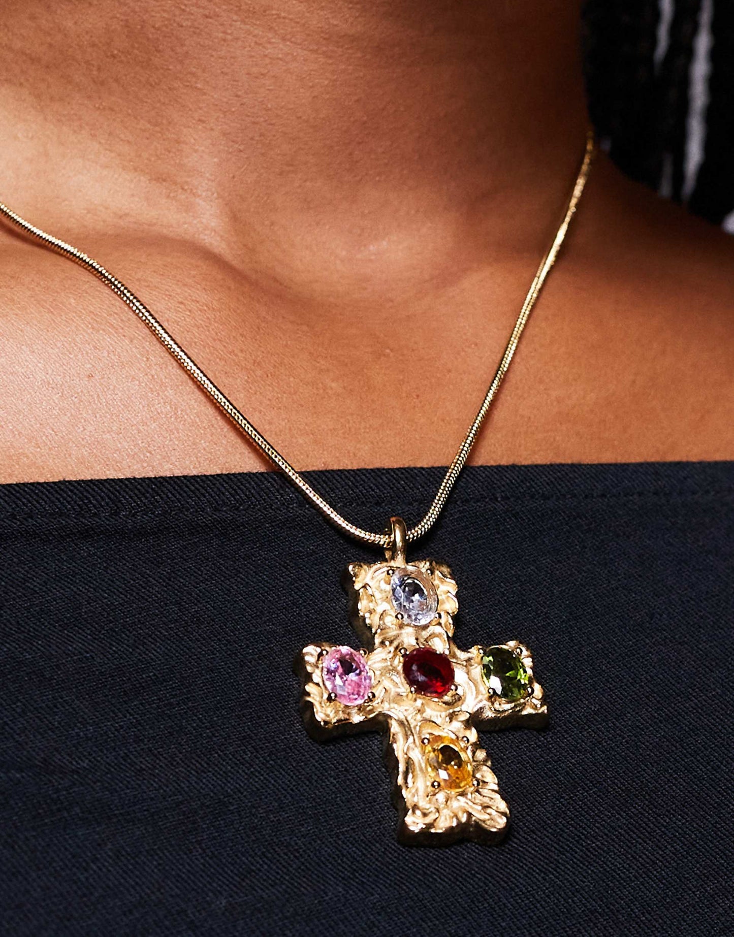 Molten Cross Pendant Necklace With Multi Colour Stones